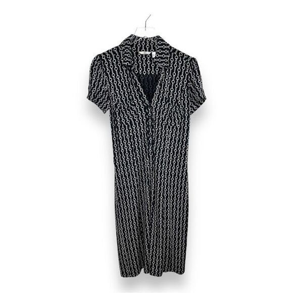Mango Button Down Short Sleeve Midi‎ Shirt Dress Chain Link Pattern Sz XS - Picture 1 of 14